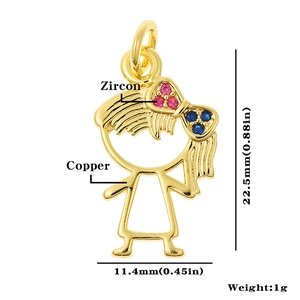 Detailed view of 22.5mm copper girl pendant with colorful zircon bow and size specs