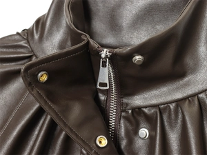 Detailed view of dark brown leather jacket with stand collar, zipper and metal snaps