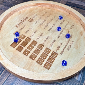 Detailed laser-engraved wood Farkle scoring tray with six translucent blue dice
