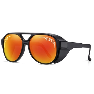 Polarized Pit Viper sports sunglasses with matte black frames and orange mirrored lenses
