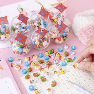 Christmas themed mini eraser set with Santa and snowman in a clear crystal ball container