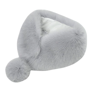 Eleganter hellgrauer Webpelz-Winterpuffer mit Plüschbommeln und glattem Schleifenband
