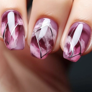 Long Ballerina Press On Nails Rose Red Gradient Marble Pattern Silver Geometric Line Full Cover Artificial Fake Nails For Women