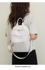 Rear view of model wearing a stylish white printed waterproof large travel backpack