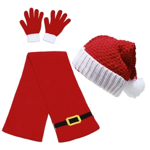 Christmas Santa Claus Knitted Hat And Scarf And Gloves Acrylic Winter Warm Red White Festive Costume Accessories