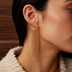 Close-up of golden tassel drop earrings worn by model with elegant warm lighting