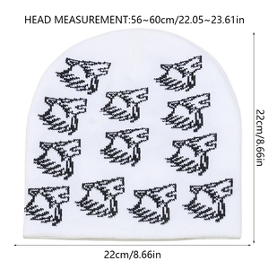 Size guide for white knitted beanie with black fox logo showing head circumference scale