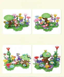 Macro detail of various colorful building block flower assembly stages for kids