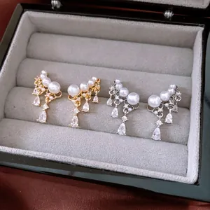 Drop Earrings With Zircon Water Drop And Imitation Artificial Pearl 925 Sterling Silver Earring Post Elegant Jewelry For Women