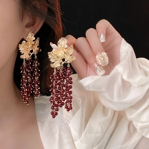 Vintage Grape Leaf Dangle Earrings With 925 Sterling Silver Earring Post Copper Red Glass Bead Tassel Jewelry For Women