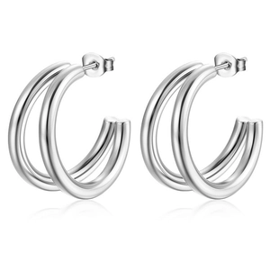 Chic silver double hoop geometric earrings made of polished stainless steel for women