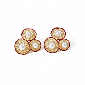 Retro red flower stud earrings with white pearl centers and golden hollow lace edges