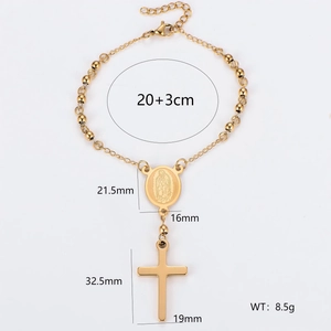 Bracciale religioso in acciaio dorato con medaglia di Maria e ciondolo a croce su bianco