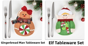 Detail of Christmas felt cutlery holders with gingerbread man and elf designs for tables