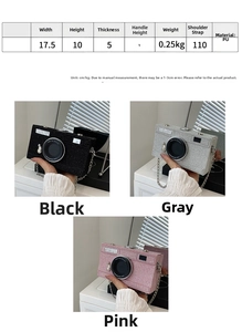 Size chart showing camera-shaped crossbody bag dimensions 17.5x10x5cm in PU leather