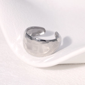 Adjustable silver hammer textured stainless steel open ring with unique concave pattern