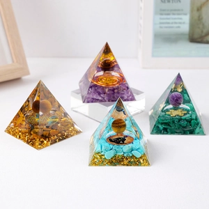 Orgone energy pyramid with tree of life and crystal stones for spiritual desk decoration