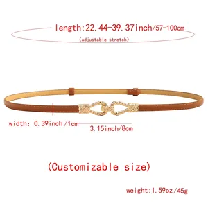 Slim brown leather belt for dresses with gold double ring buckle and adjustable stretch