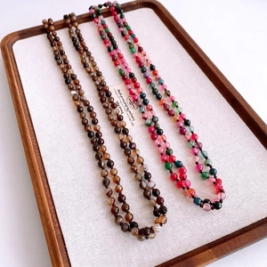 Vintage agate beaded long necklaces in layered round pendant style for women