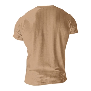 Detail view of khaki ribbed knit fabric texture on men's V-neck slim fit Henley T-shirt