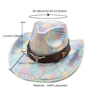 Rainbow snake print western cowboy hat with metal bull head and size measurements