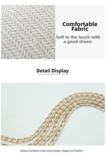 Macro detail of beige woven texture and golden chain strap on stylish shoulder bag