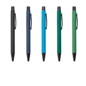 Detailed view of five multi-colored matte metal ballpoint pens with custom logo service