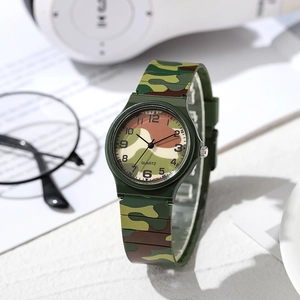 Minimalist military camo quartz watch with green strap and Arabic numerals for students