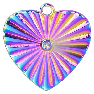 Polished 18k gold plated rainbow heart pendant with radiant texture on white background