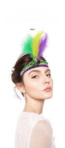 Veren pailletten hoofdband gedetailleerd overzicht, kleurrijke feest haaraccessoire voor carnaval.