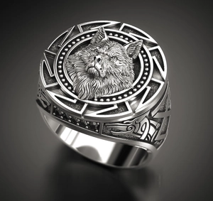 Vintage Viking wolf head ring for men in retro silver finish with Celtic side patterns