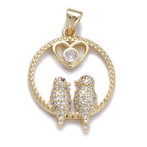 Detail of gold heart pendant featuring two birds with micro-pave cubic zirconia settings