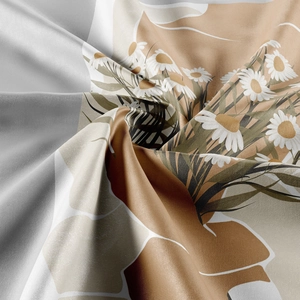 Macro detail of silky bohemian tapestry featuring delicate white daisy floral patterns