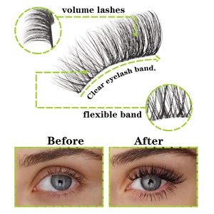 Detail of clear flexible band and dense volume black synthetic fiber false eyelashes
