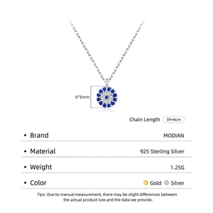 S925 Sterling Silver Blue Evil Eye Necklace with Pave Zirconia and 39+4cm Adjustable Chain
