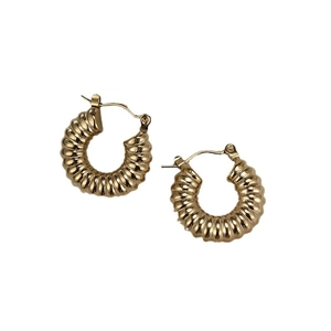 Classic chunky gold hoop earrings with spiral twist texture and hinge clasp closure
