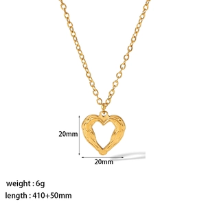 Detailed view of a gold heart pendant necklace with dimensions 20mm and 410mm length