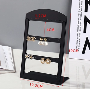 Three-tier black acrylic earring stand with dimensions 19cm height and 12.2cm base width