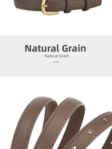 Detailed view of brown leather skinny belt featuring natural grain and golden buckle