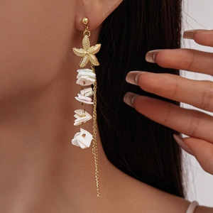 Detail of seashell starfish tassel earrings showing gold chain and natural shell texture