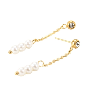 18K gold plated long chain earrings with white faux pearls and sparkling crystal studs
