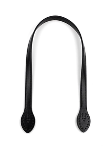 Close-up of black PU leather bag handle with pre-drilled sewing holes and fine stitching