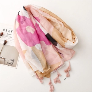 Pink floral cotton linen scarf with geometric pattern and fringe trim for women