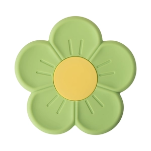 Dual-color cherry blossom silicone heat resistant coaster with green petals and yellow core