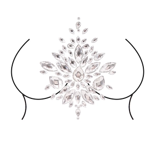 Detail showing tear-drop and marquise acrylic crystal body jewels for chest decoration