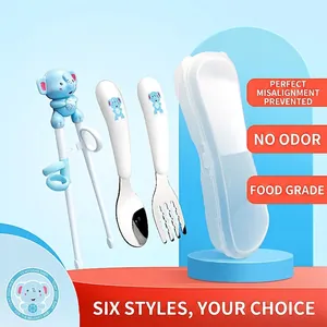 Blue elephant-themed toddler 304 stainless steel cutlery set with portable storage case