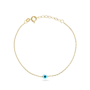 Close-up of 14K gold evil eye bracelet showing fine chain detail and blue enamel bead