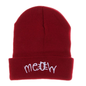 Deep red MEOW knit beanie for men and women featuring cat ear embroidery on a cuffed brim