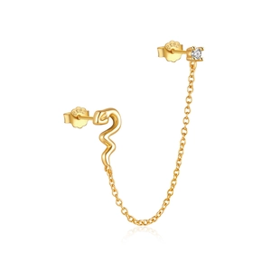 Detail of S925 sterling silver gold snake stud connected by chain to zircon earring