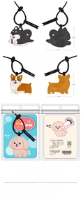 Detail view of cute squeaky leather puppy charms including husky and corgi with size specs